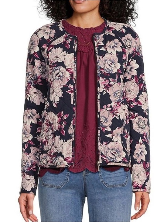 Nurture by westbound Jackets & Blazers - Navy Quilted Floral Bomber Jacket - Pink Floral